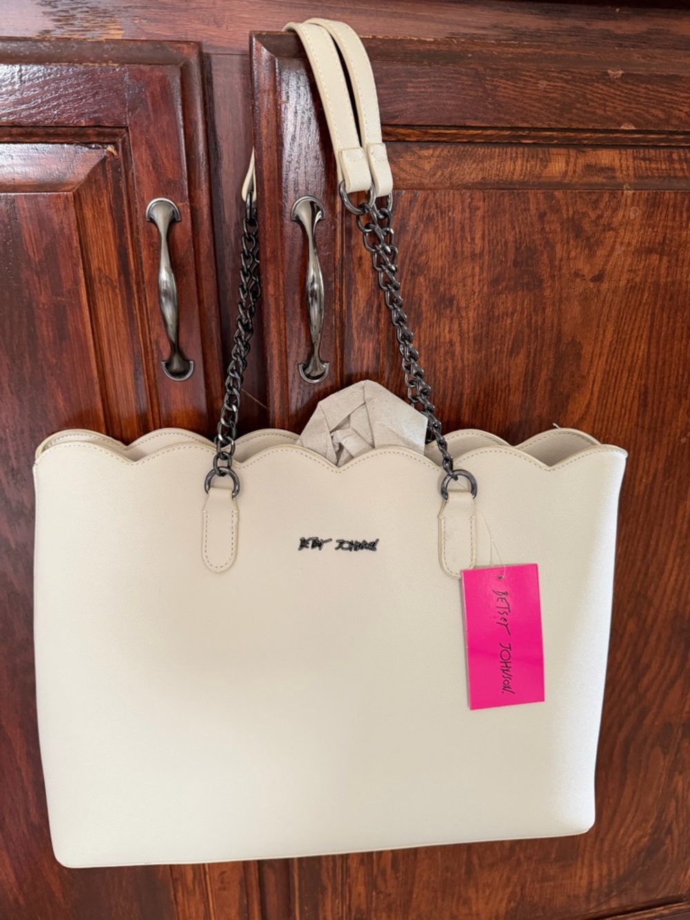Betsey Johnson tote bag Beige Scallop-Top Tote with Chain-Strap Handles